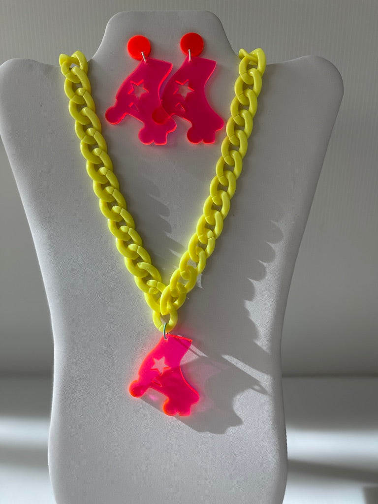 Neon Pink and Yellow Chonky Chain Rollerskate Charm Necklace Set